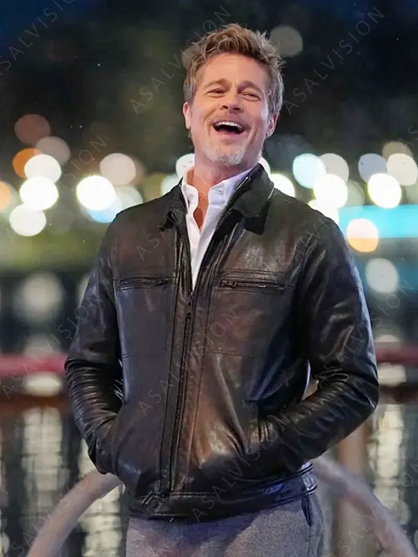 Movie Wolves 2024 Brad Pitt Black Genuine Leather Jacket