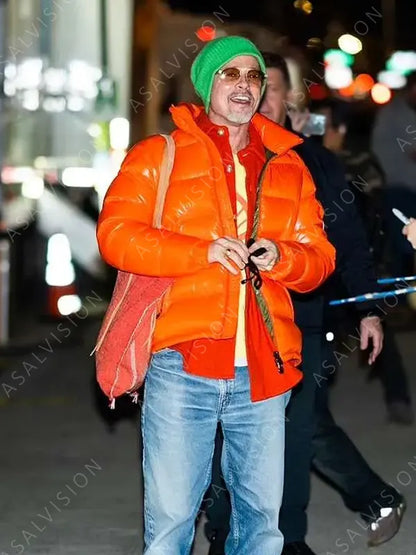 Movie Wolves 2024 Brad Pitt Orange Puffer Jacket