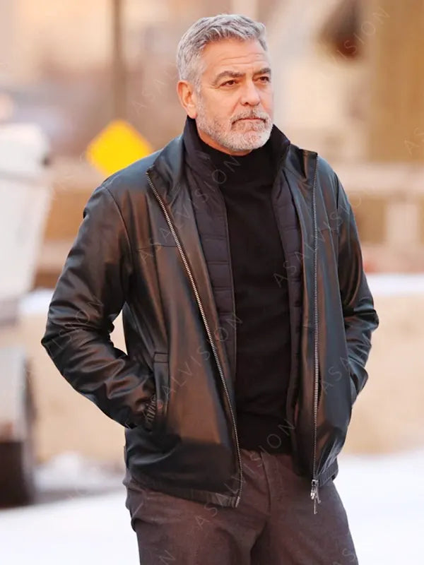 Movie Wolves 2024 George Clooney Black Leather Jacket