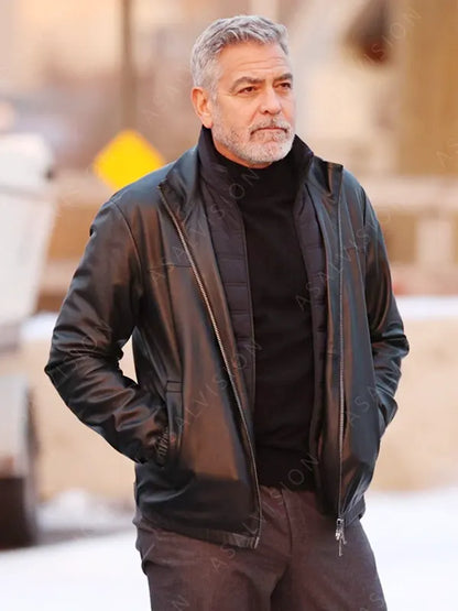 Movie Wolves 2024 George Clooney Black Leather Jacket