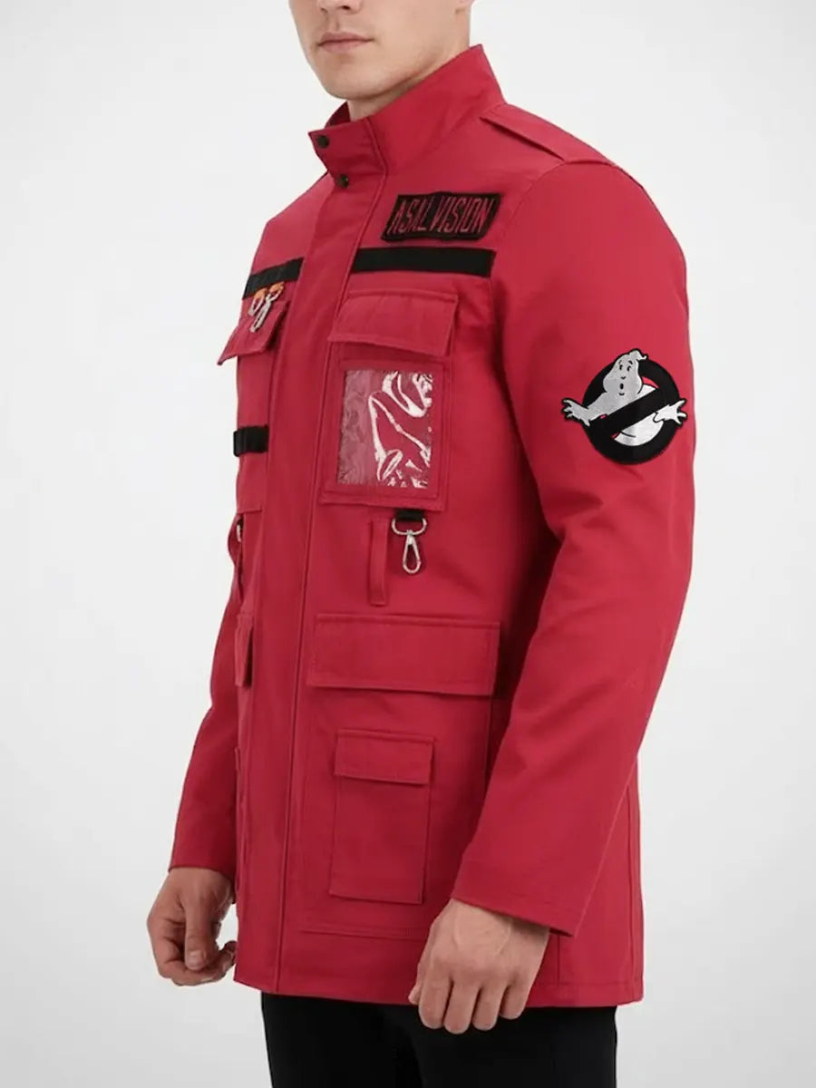 Red jacket with patches on a white background