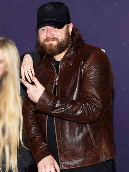 Nate Smith 59th Annual Academy Of Country Music Awards 2024 Brown Waxed Leather Jacket