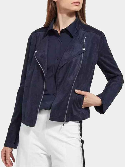 Navy Blue Suede Biker Jacket For Womens