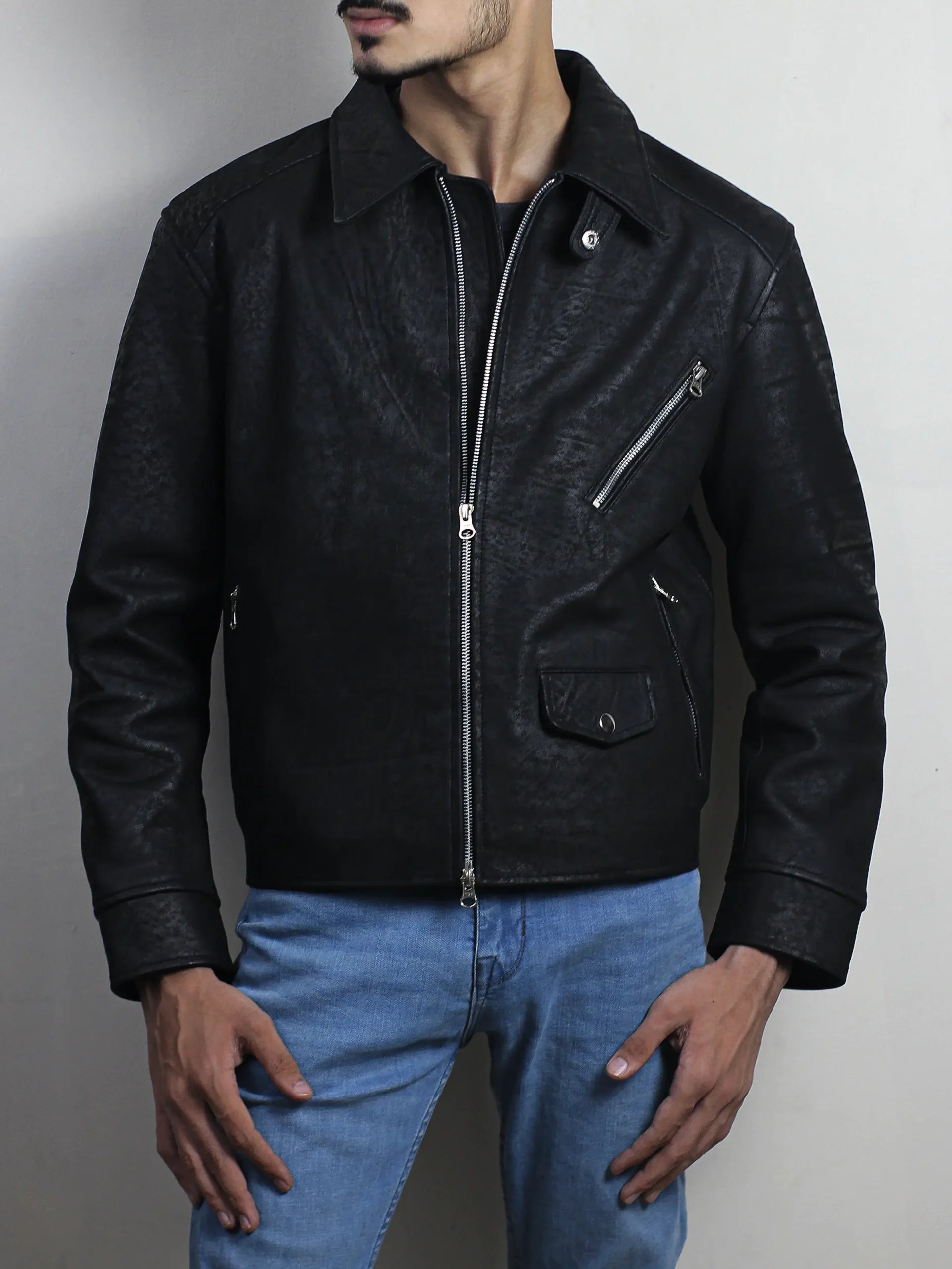 Men's Black Snuff Sheep Leather Textured Jacket Men's Black Snuff Sheep Leather Textured Jacket
