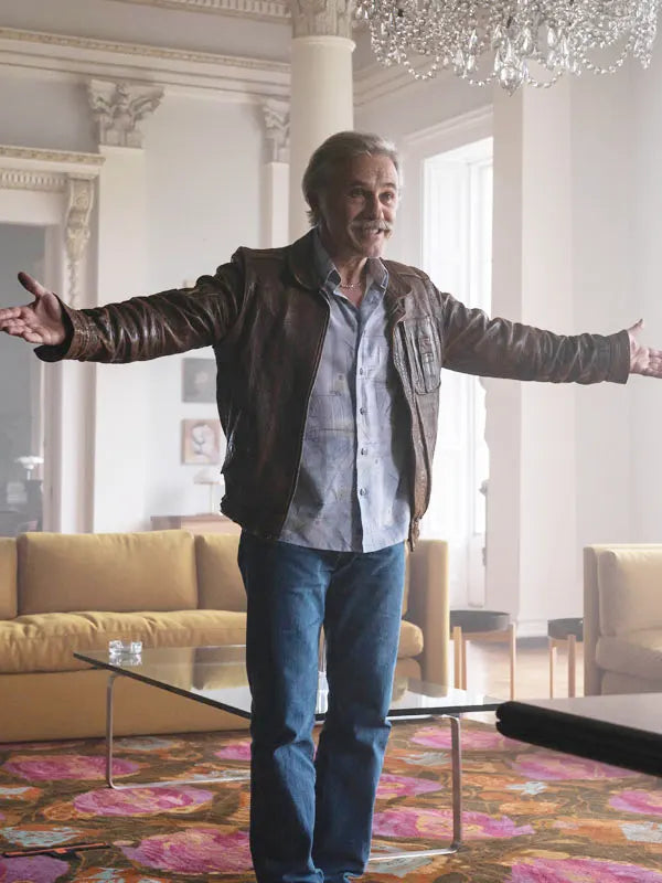 Old Guy 2025 Christoph Waltz Brown Leather Jacket