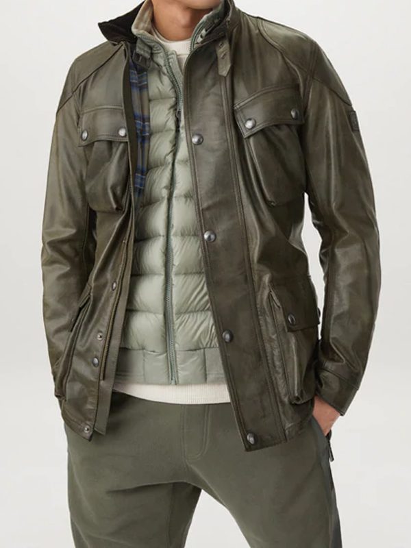 Olive Green Belted Real Leather Fashion Jacket For Men's