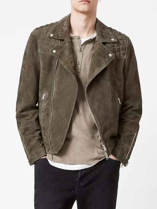 Olive Green Suede Biker Motorcycle Quilted Leather Jacket For Mens