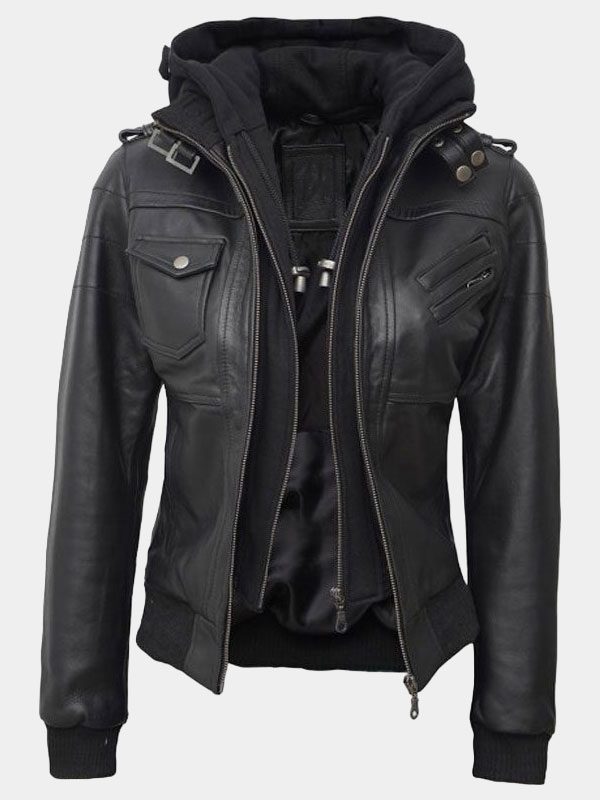 Olivia Black Real Leather Jacket With Hood