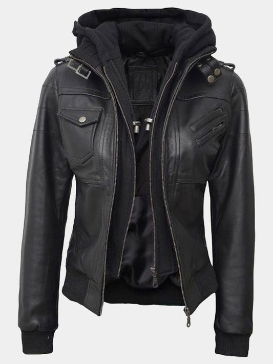 Olivia Black Real Leather Jacket With Hood