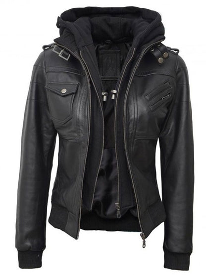 Olivia Black Real Leather Jacket With Hood