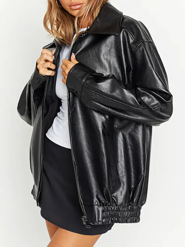 Oversized Black Leather Bomber Jacket