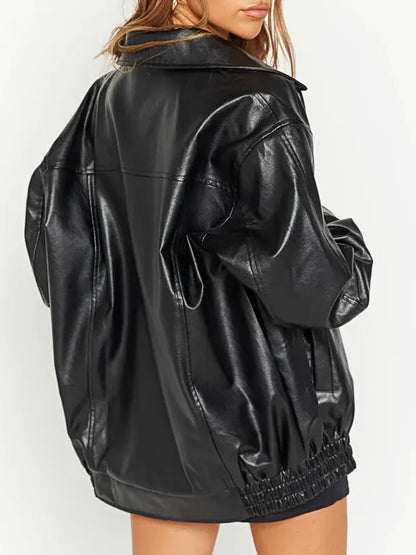 Oversized Black Real Leather Bomber Jacket For Women