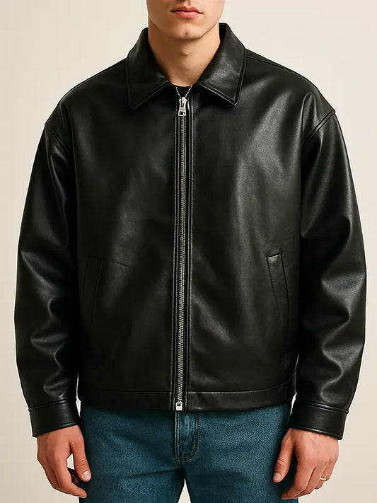 Oversized Black Zipper Leather Jacket For Men