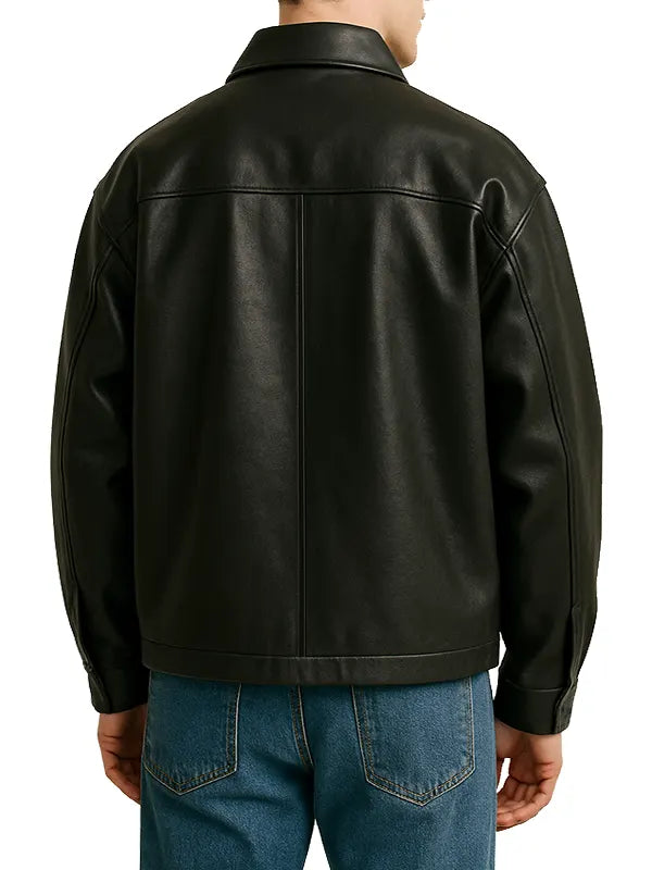 Oversized Black Zipper Leather Jacket