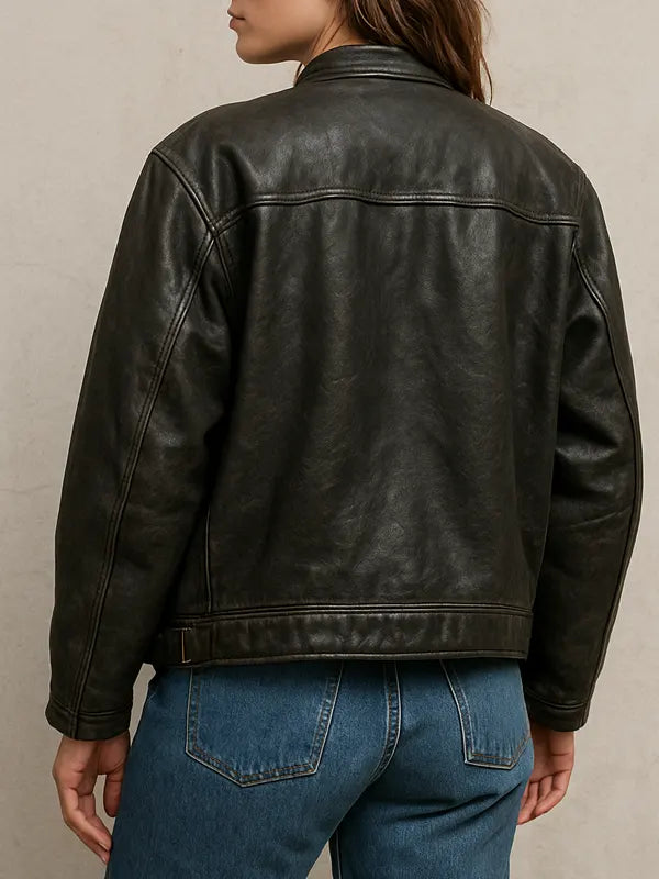 Oversized Cafe Racer Distressed Leather Jacket For Women