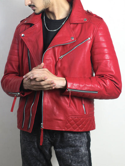 Padded Sleeve Red Motorcycle Leather Jacket For Mens