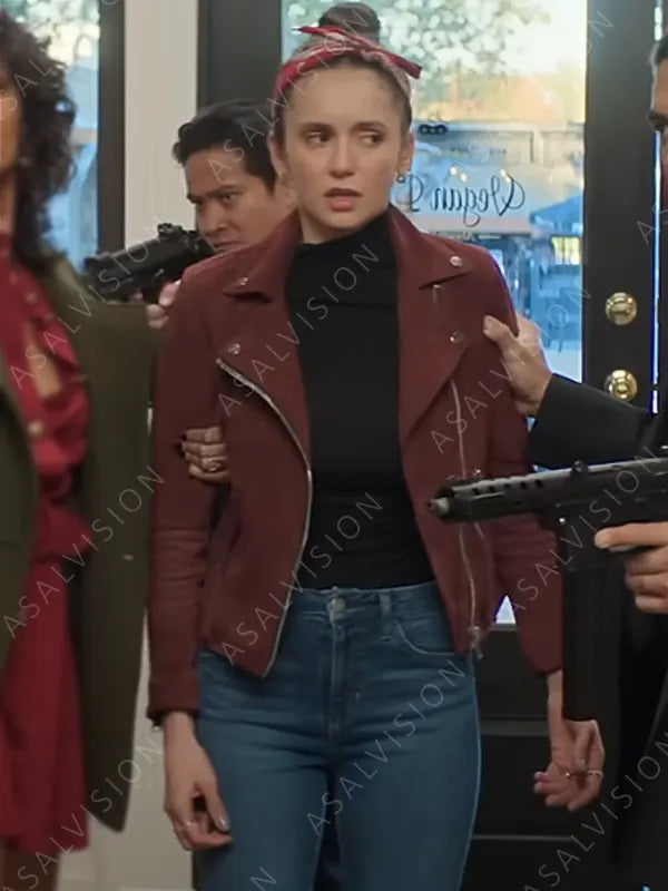 Parker McDermott The Out-Laws 2023 Nina Dobrev Suede Leather Moto Jacket