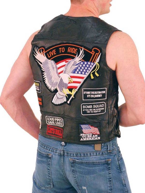 Men's Brown Patched Motorcycle Leather Vest
