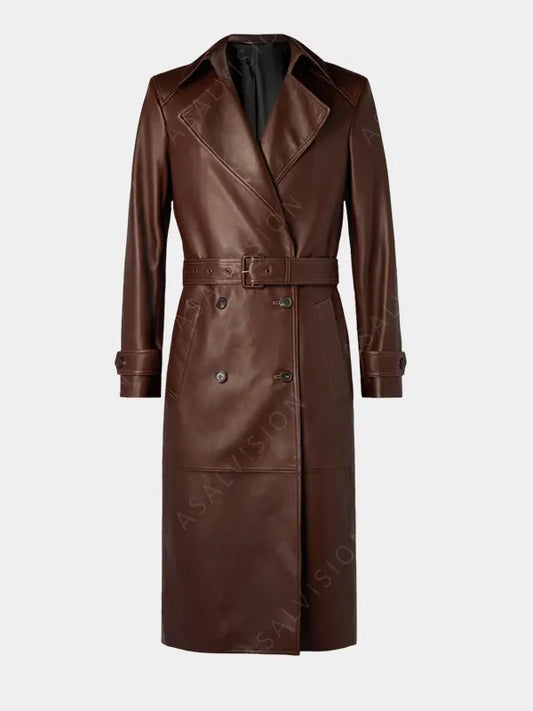 Philip Brown Double-Breasted Leather Trench Coat