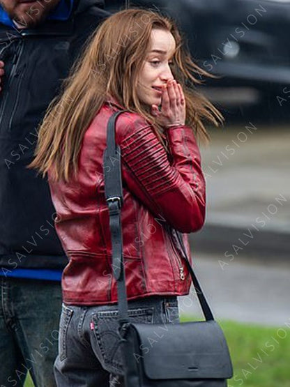 Phoebe Dynevor Red Distressed Leather Jacket
