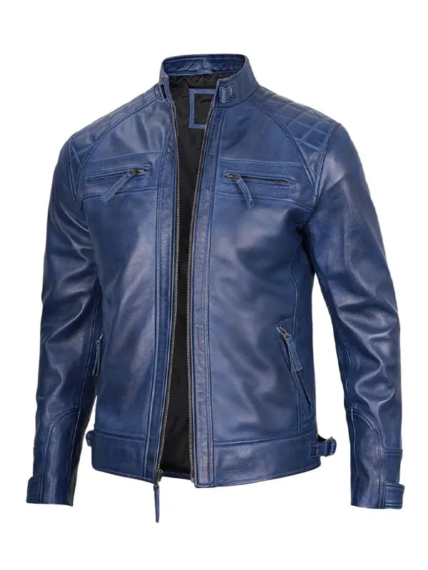 Quilted Blue Biker Racer Leather Jacket