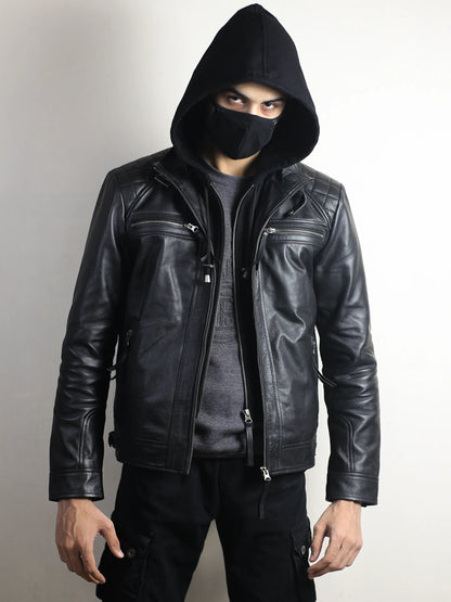 Quilted Diamond Classic Leather Jacket With Removable Hood
