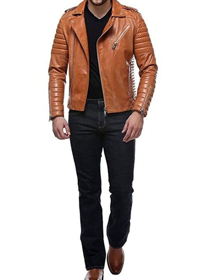 Quilted Motorcycle Leather Jacket For Men's