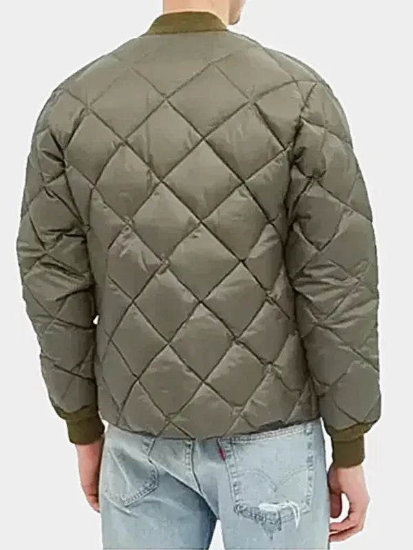 Quilted Olive Green Bomber Puffer Jacket For Men