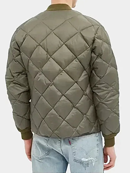 Quilted Olive Green Bomber Puffer Jacket For Men