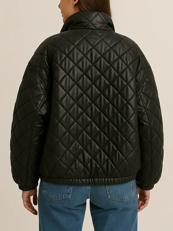Quilted Oversized Bomber Leather Jacket For Women