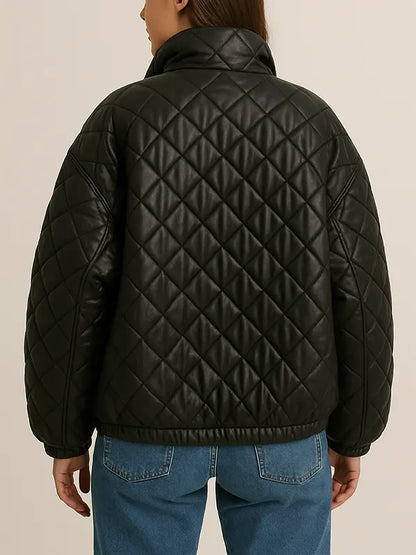 Quilted Oversized Bomber Leather Jacket For Women
