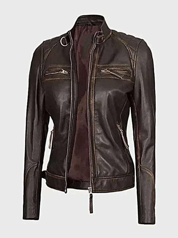 Quilted Shoulder Dark Brown Leather Motorcycle Jacket