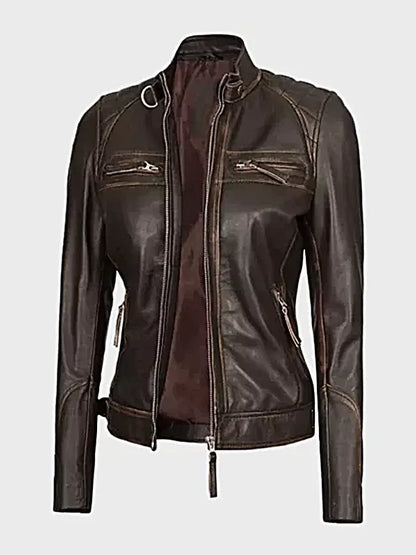 Quilted Shoulder Dark Brown Leather Motorcycle Jacket