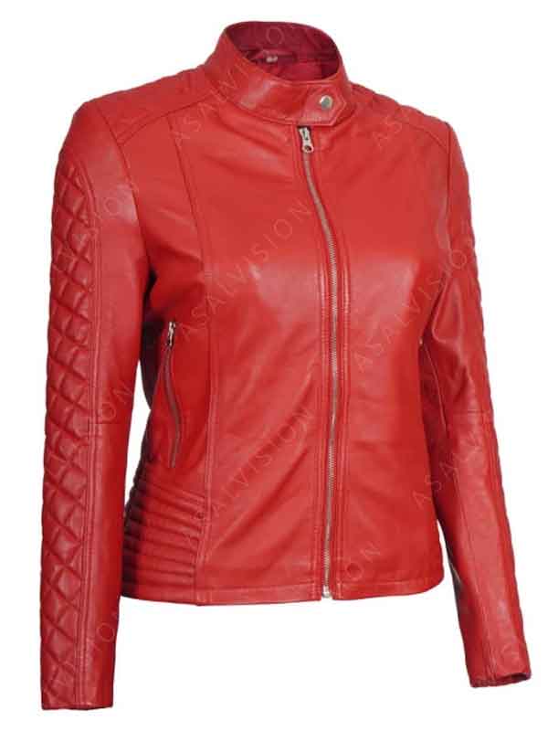 Quilted Sleeves Red Cafe Racer Leather Jacket For Women's
