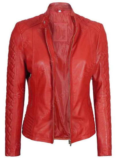 Quilted Sleeves Red Cafe Racer Leather Jacket