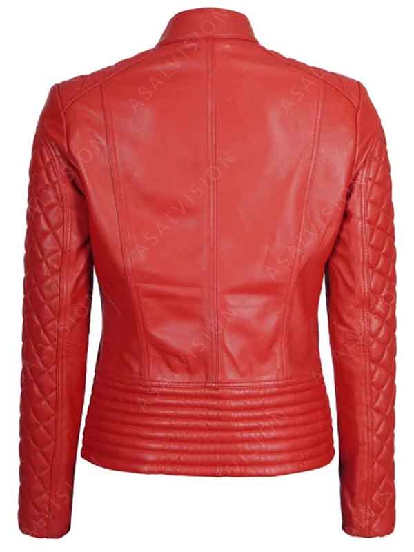 Quilted Sleeves Red Leather Jacket For Women's