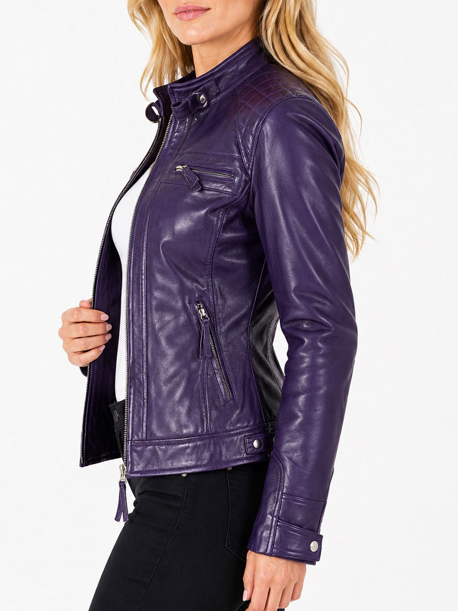Quilted Purple Biker Leather Jacket