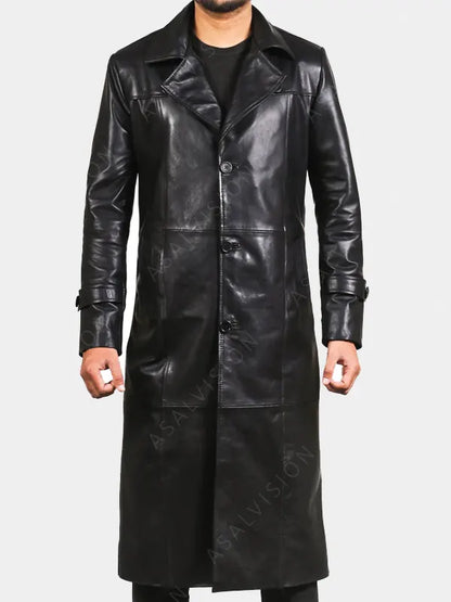 Ralph Long Black Leather Trench Coat
