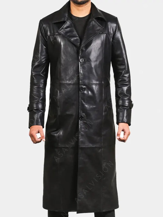 Ralph Long Black Leather Trench Coat