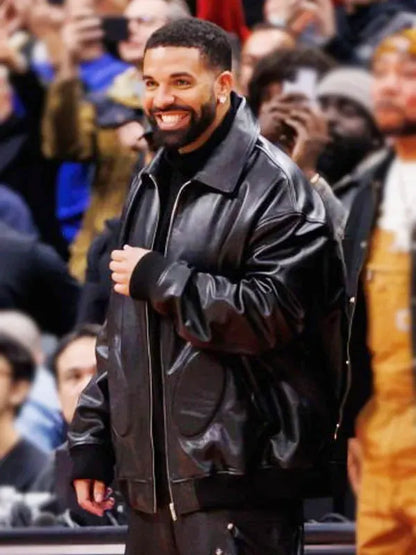 Raptors VS Warriors NBA Game 2025 Drake Black Bomber Leather Jacket