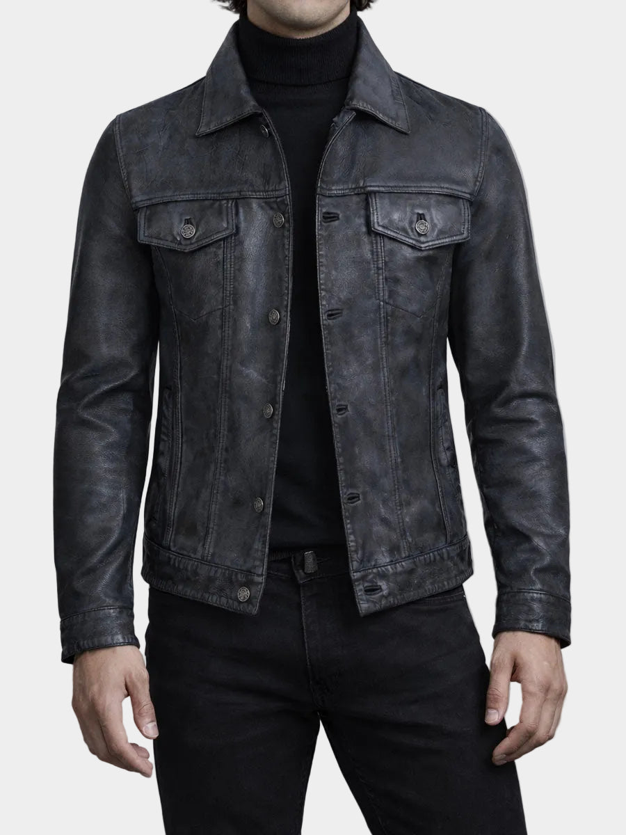 Black Washed Leather Trucker Jacket
