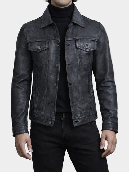 Black Washed Leather Trucker Jacket