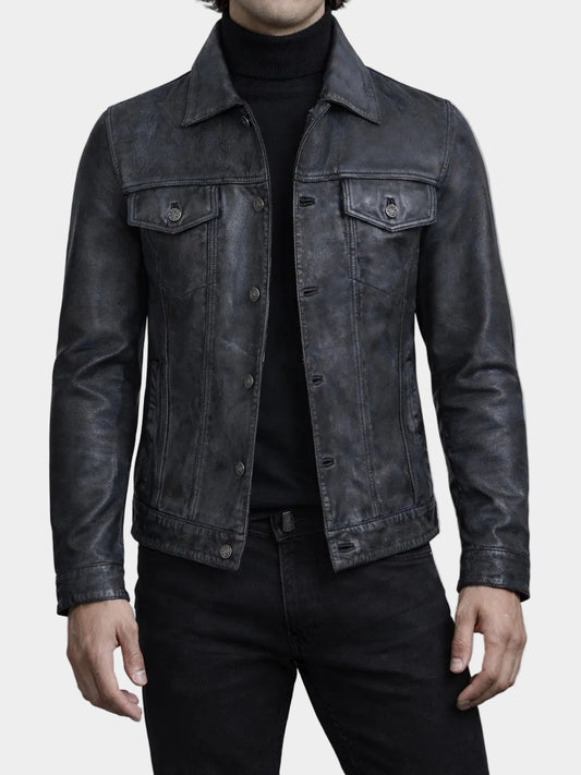 Black Washed Leather Trucker Jacket