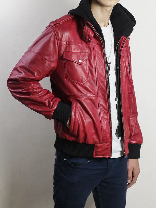 Real Lambskin Leather Men's Red Hooded Bomber Jacket