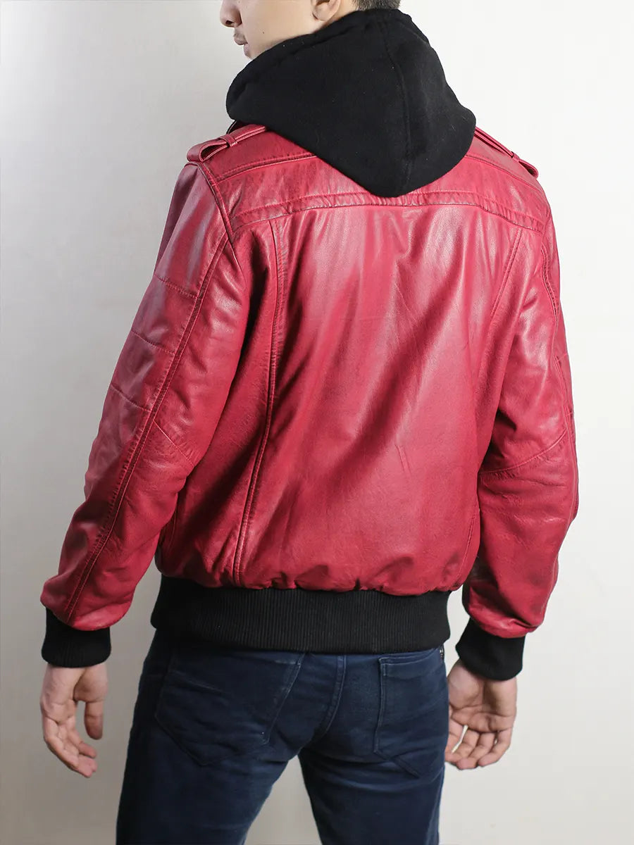 Real Lambskin Leather Red Hooded Bomber Jacket