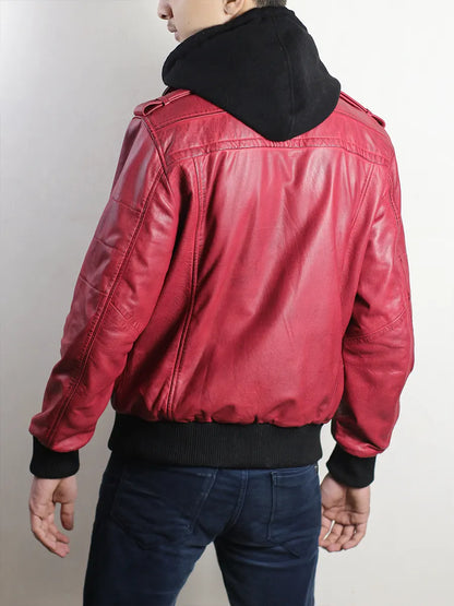 Real Lambskin Leather Red Hooded Bomber Jacket