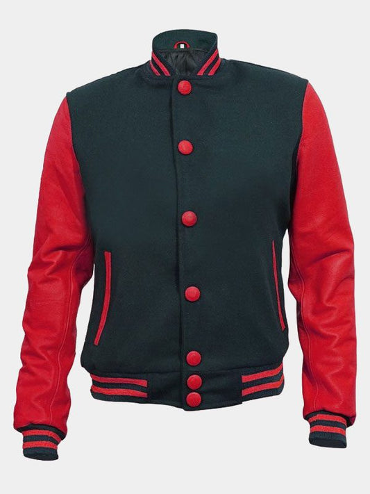 Red And Black Varsity Bomber Jacket For Men's