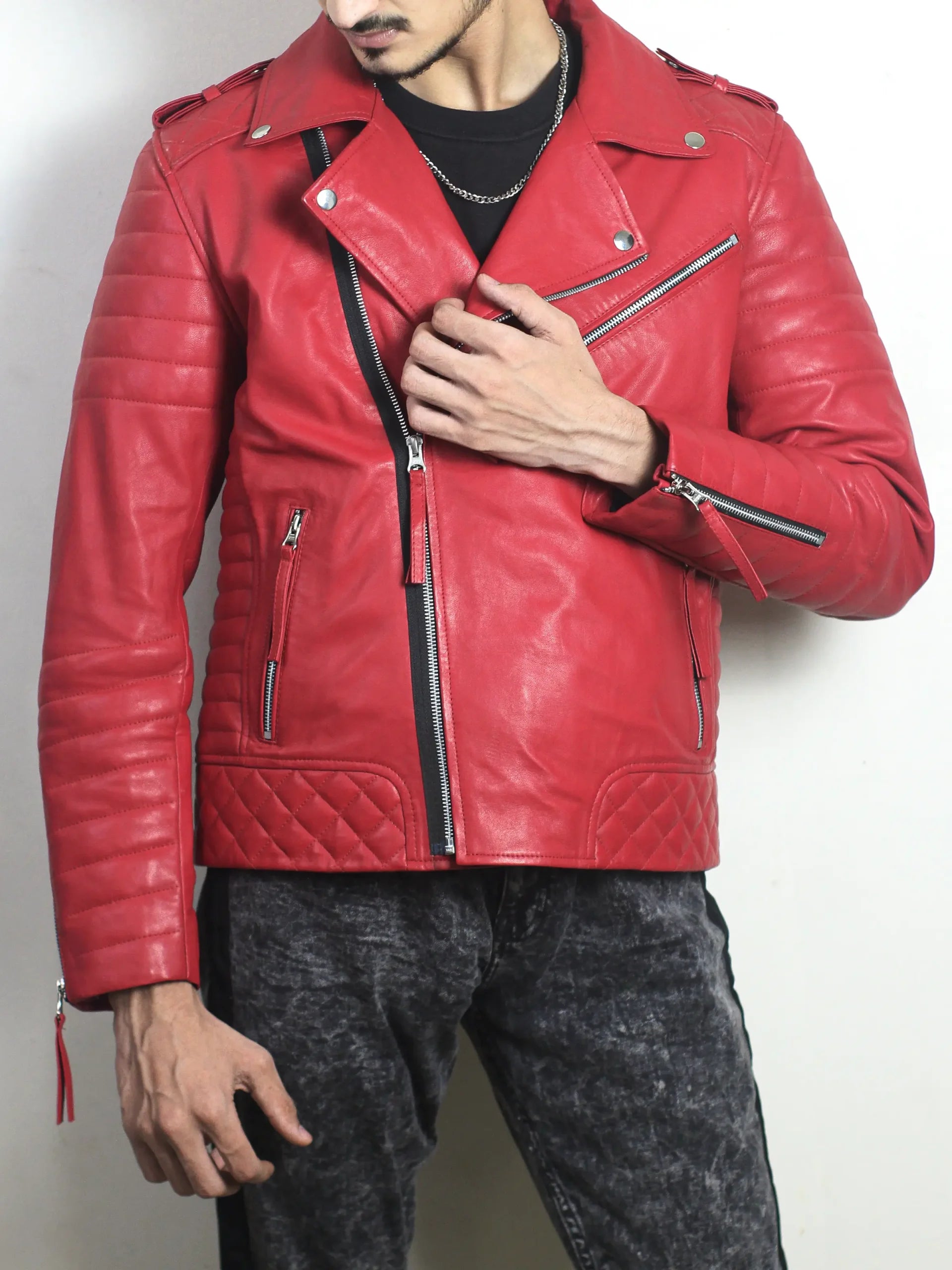 Red Master Riding Jacket Red Biker Leather Jacket Mens | Padded Red Motorcycle Jacket