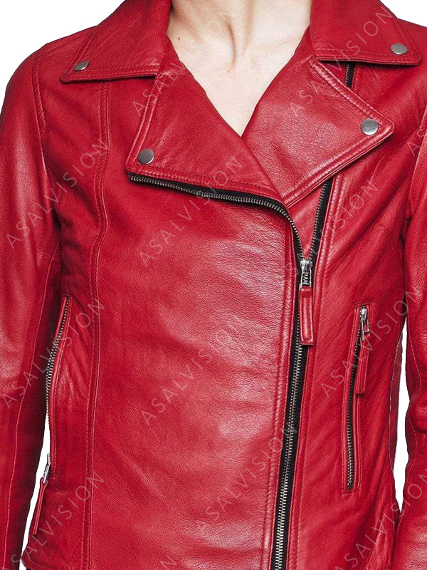 Red Motorcycle Real Leather Biker Jacket