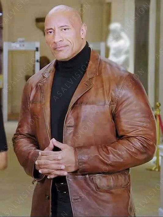Red Notice Dwayne Johnson Brown Leather Coat